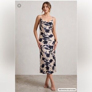 NEWPORT NEWS Ivory Black Floral Cowl Neck Long Dress Size 10 / Medium